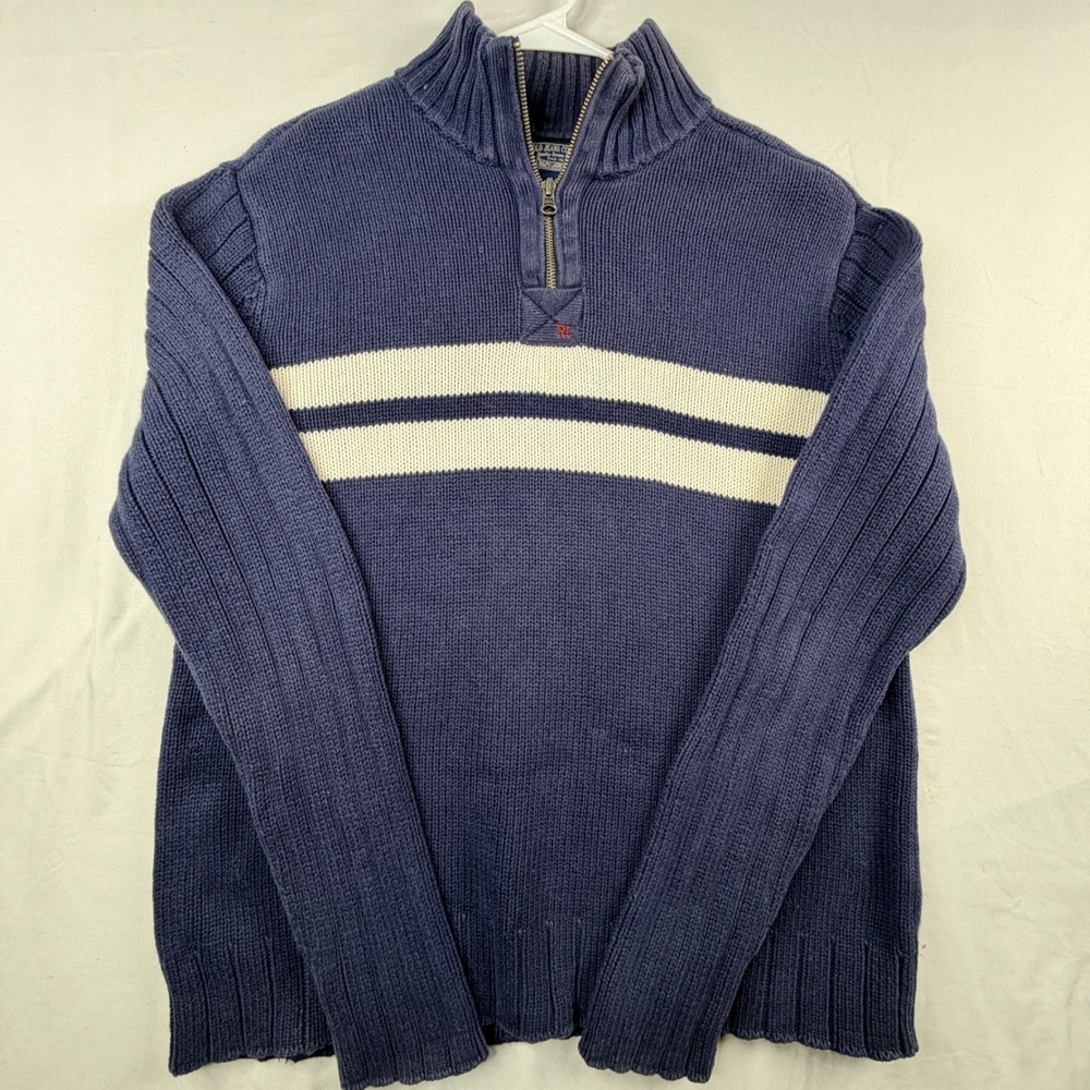 Polo Jeans Company Ralph Lauren Mens Navy Blue Striped 1/4 Zip Sweater L G